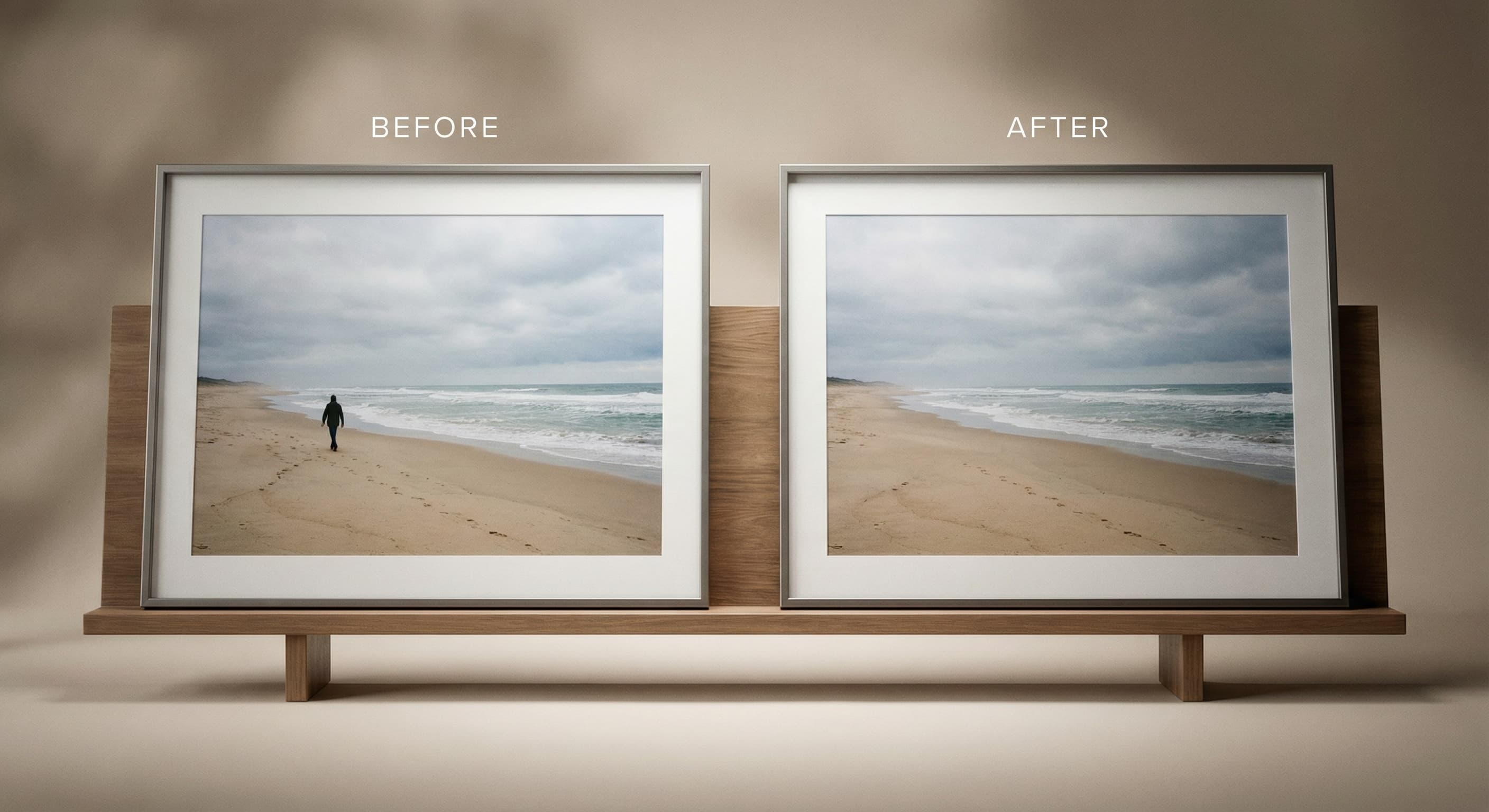 Photo with an unwanted object erased and the background filled in by AI inpainting