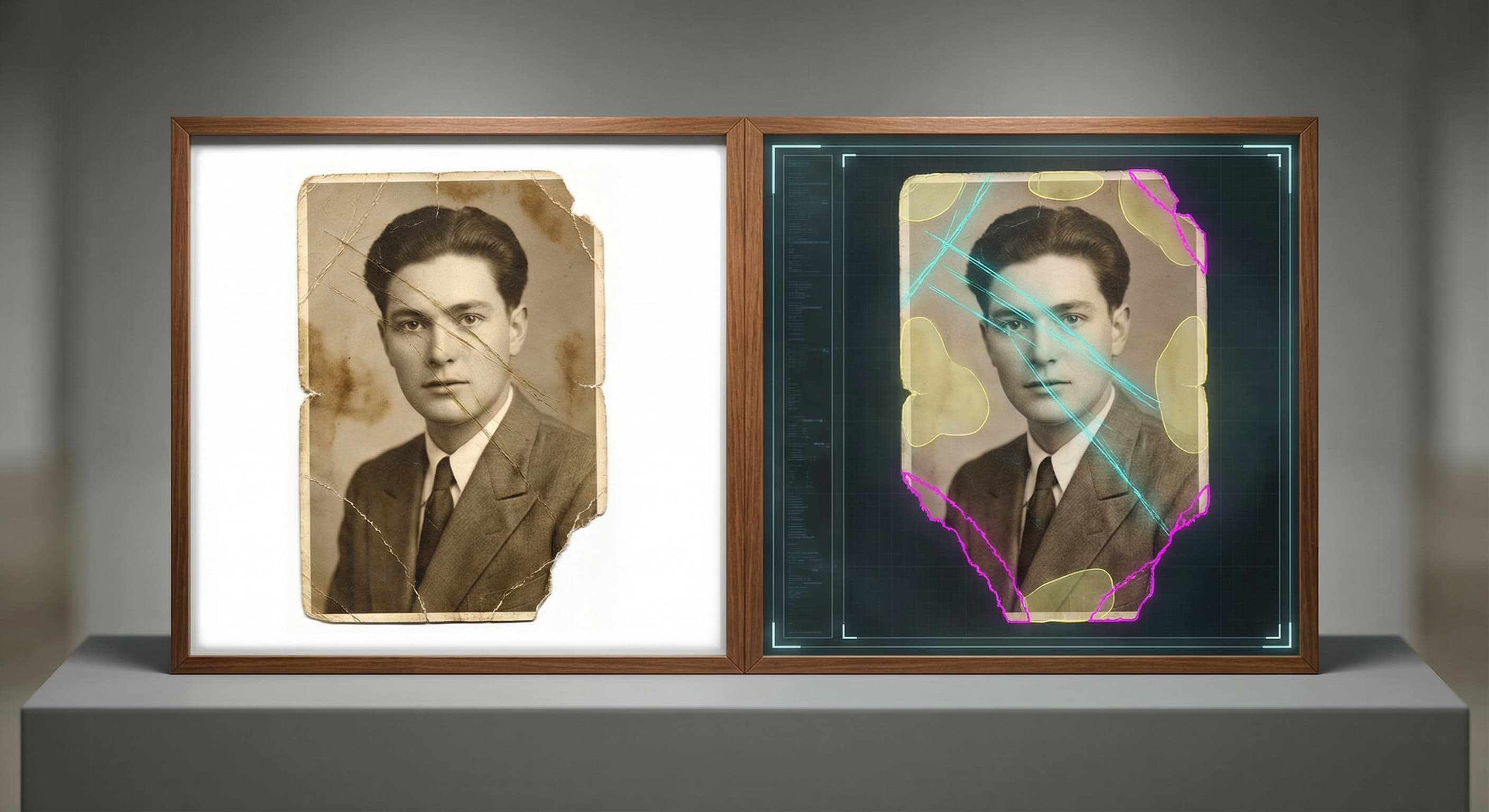 Damaged areas of an old photo identified and repaired