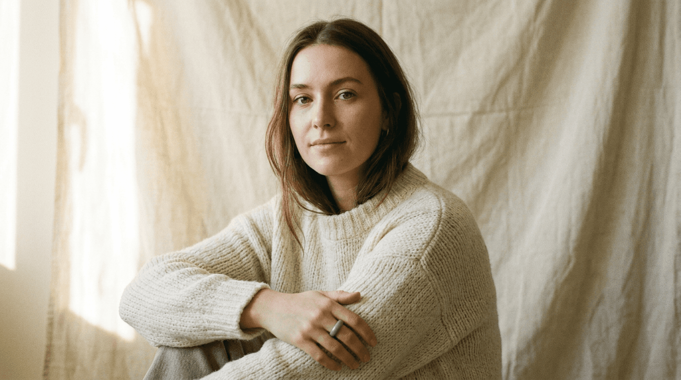Editorial portrait in cream knit against ivory linen, edited with Made