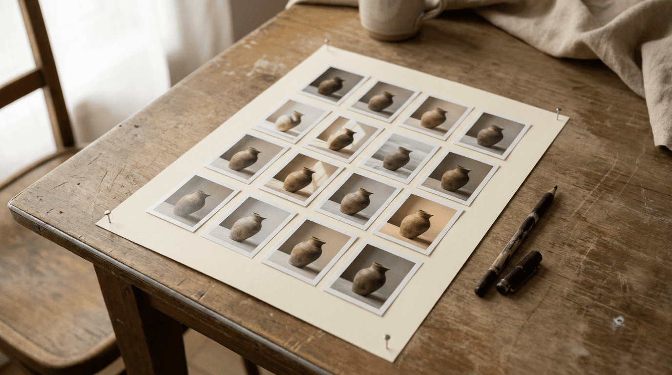 Grid of printed variations of the same ceramic vase pinned to paper