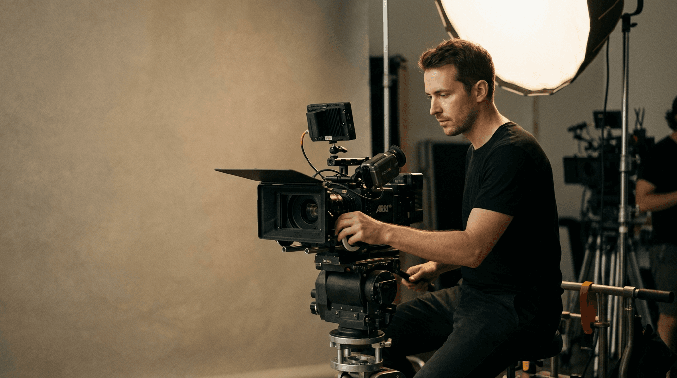 Cinematographer adjusting a camera on a warm studio set