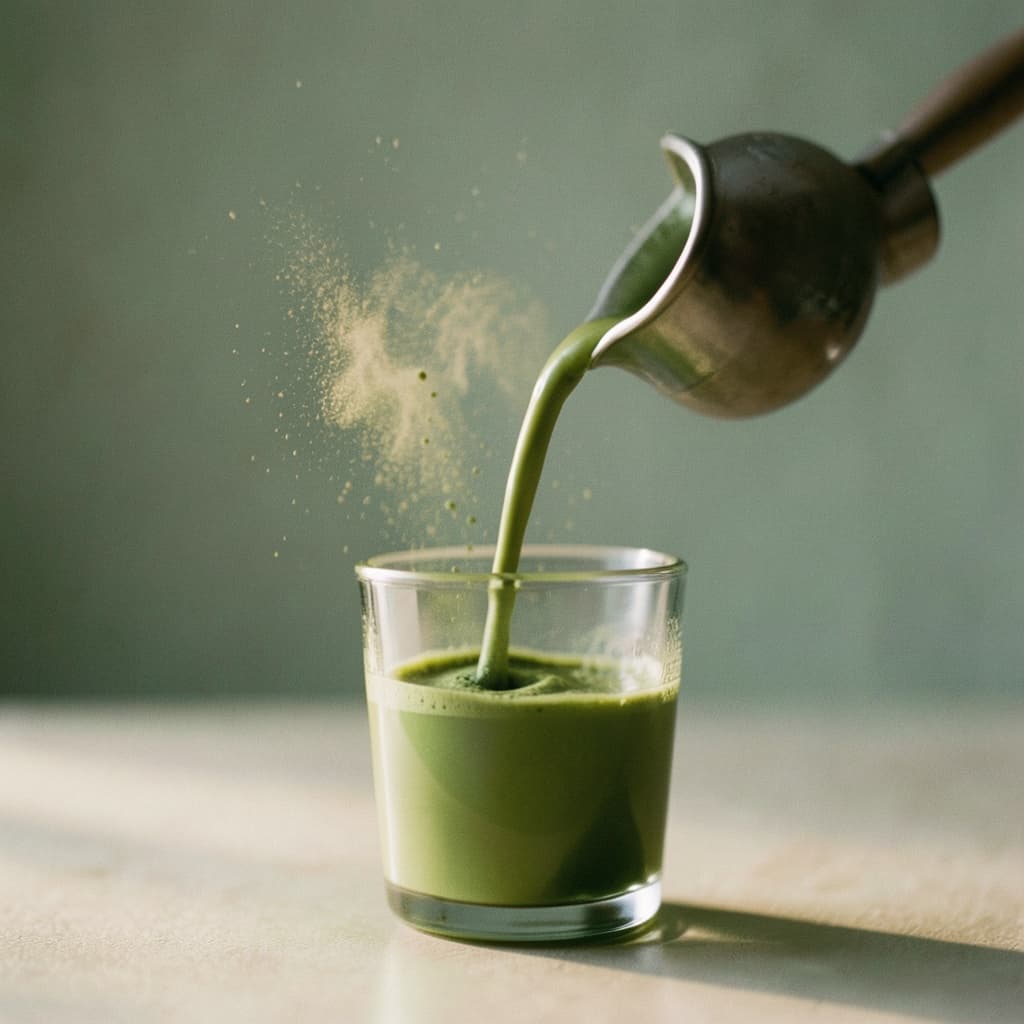 Matcha pour with a powder cloud caught mid-air generated with FLUX.2 Klein in Made