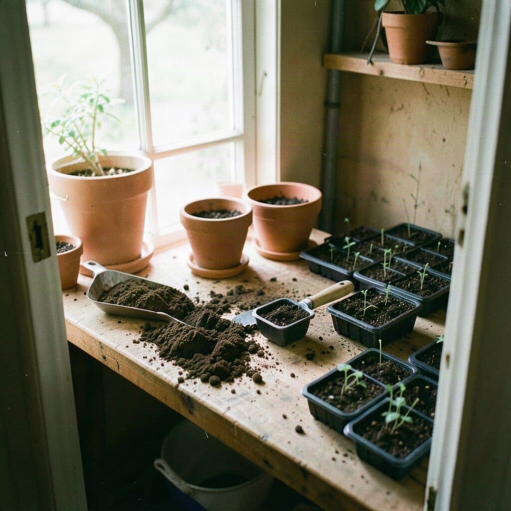 potting bench with seedlings in a shed doorway generated with FLUX.2 Klein in Made