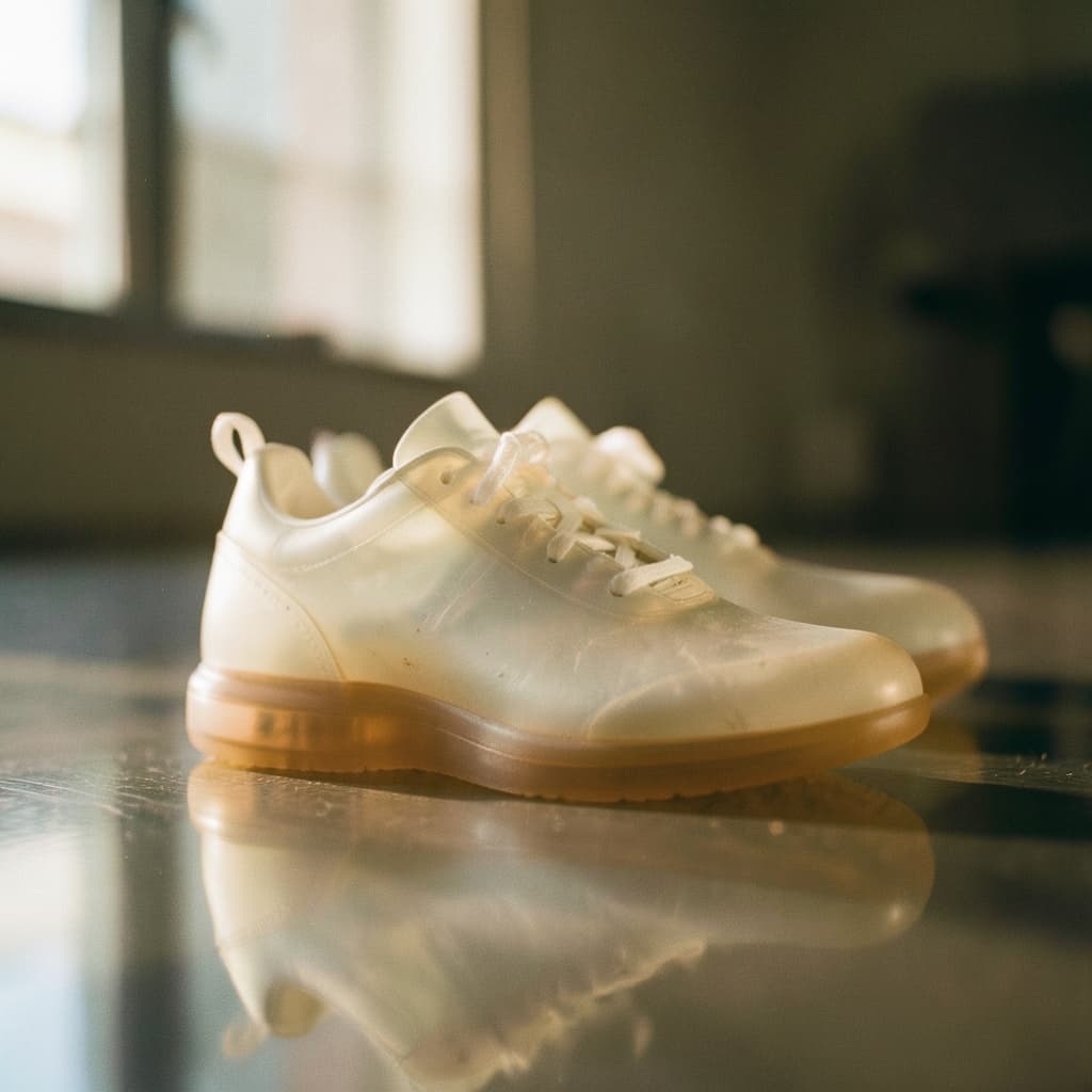 Translucent gel sneakers lit from below on a mirrored floor generated with FLUX.2 Klein in Made
