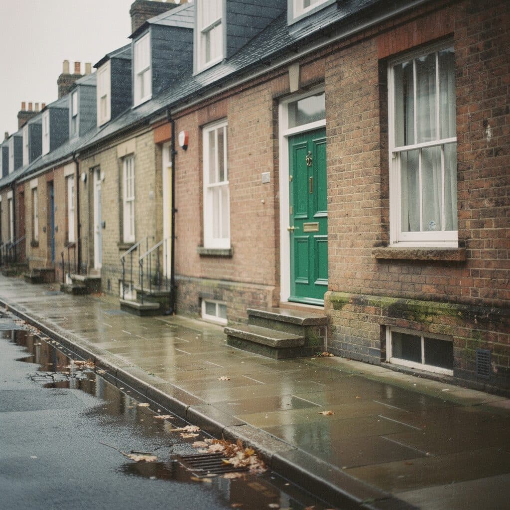 brick townhouses on a wet street after rain generated with Flux 2 Pro in Made