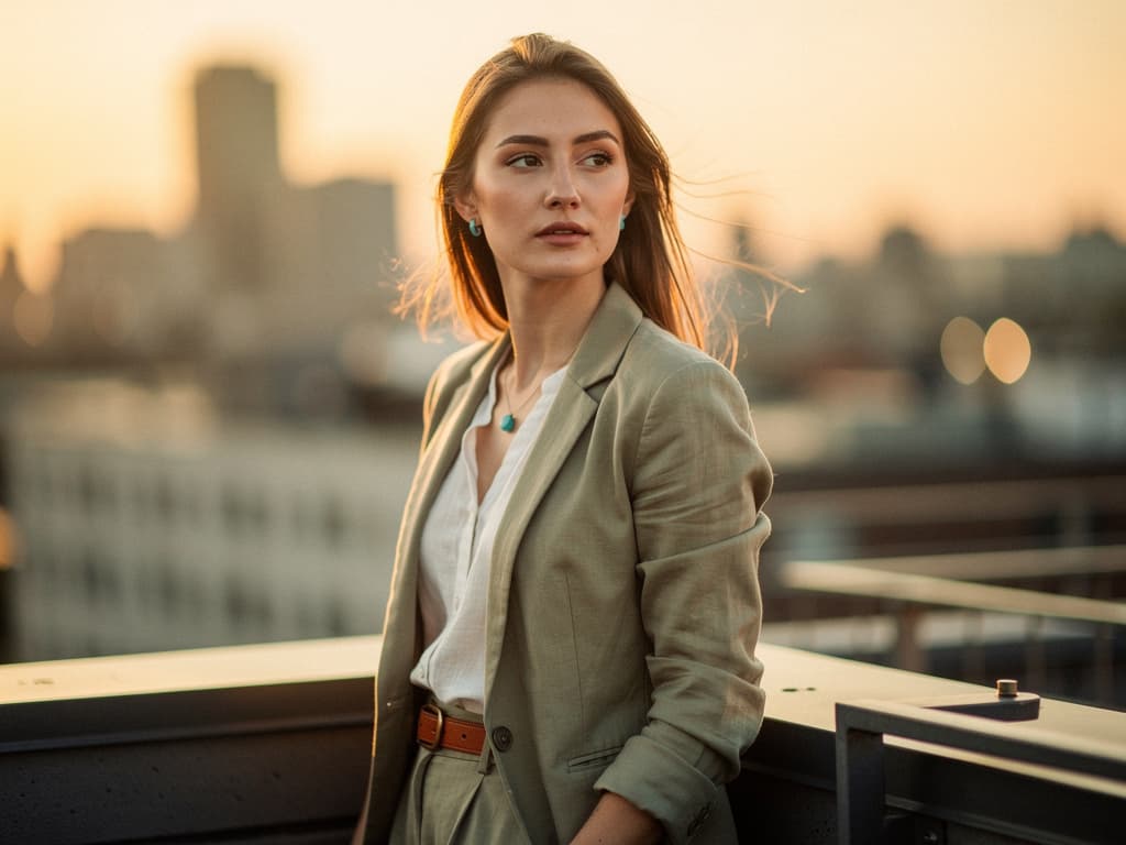 Editorial rooftop portrait of a young architect at golden hour generated with Flux 2 Pro in Made
