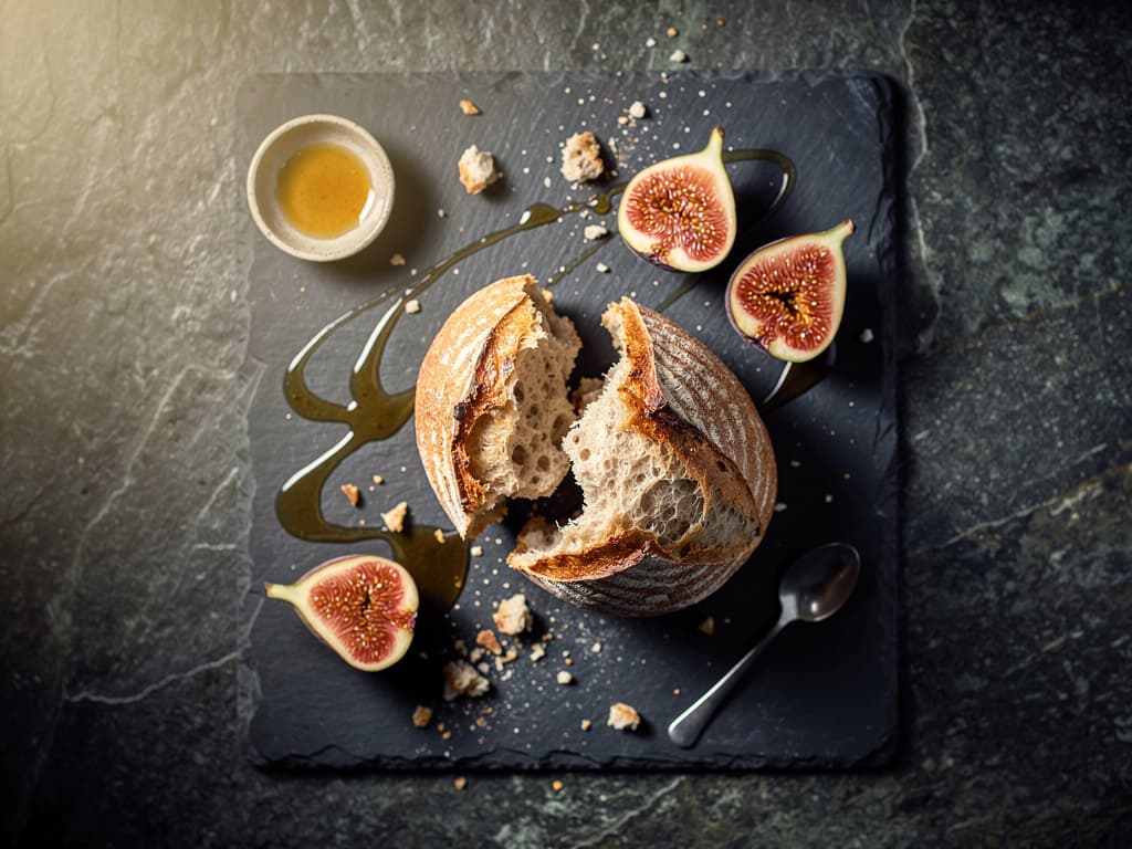 Overhead sourdough, fig, and honey still life on dark slate generated with Flux 2 Pro in Made