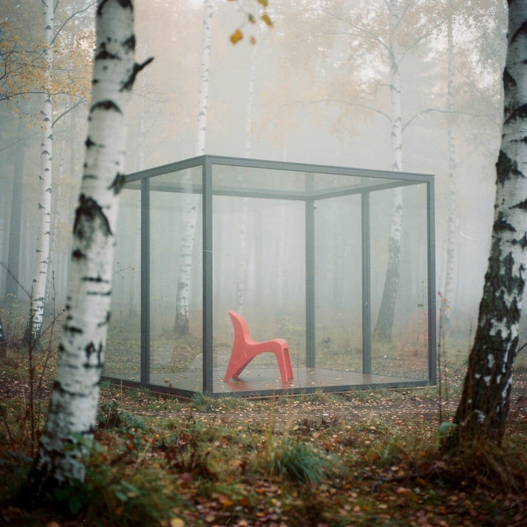 glass pavilion in a foggy birch forest generated with Flux 2 Pro in Made