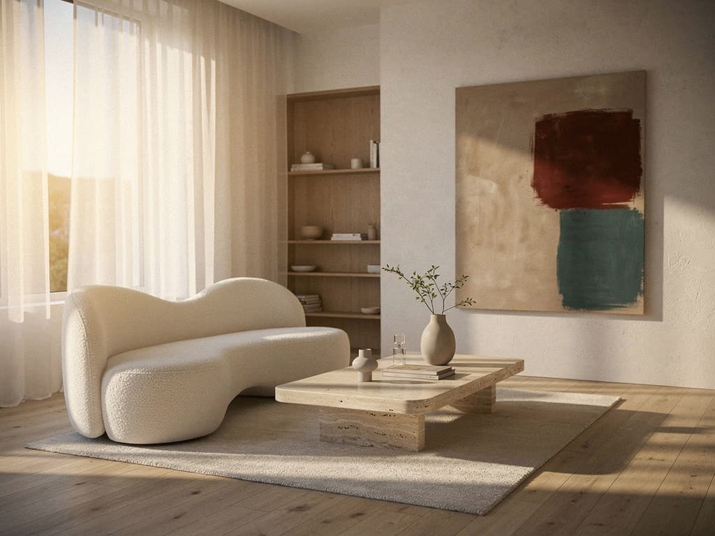 Sunlit Scandinavian living room with a curved bouclé sofa generated with Flux 2 Pro in Made