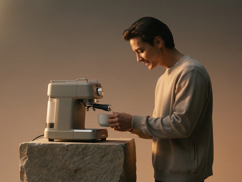 Matte ceramic espresso machine on a stone plinth generated with Flux 2 Pro in Made