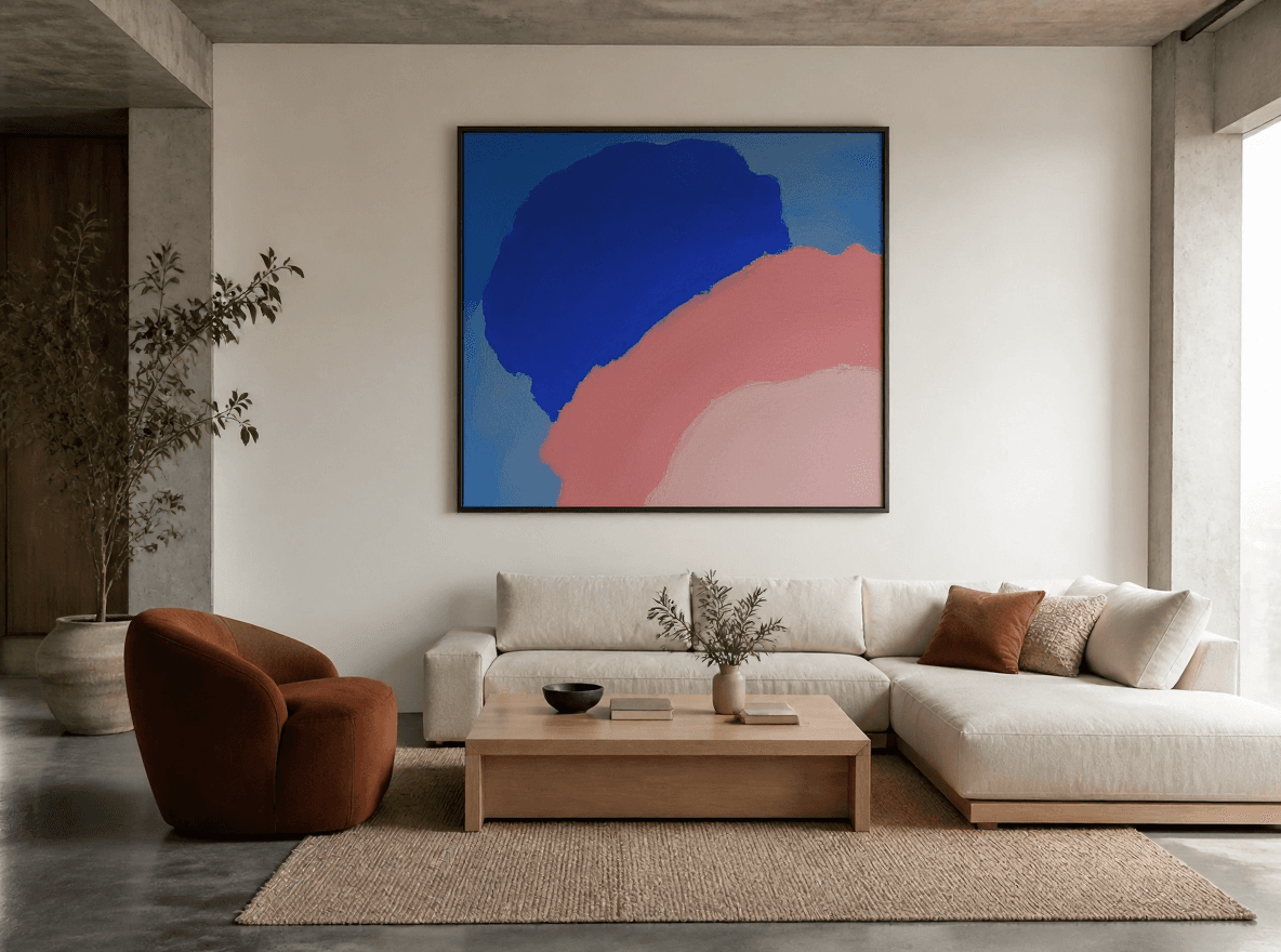 living room with an abstract painting added to the wall with Flux Kontext Max in Made