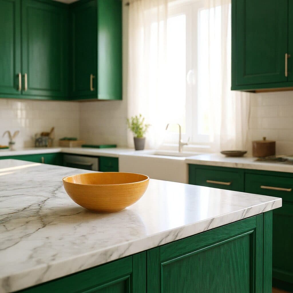 kitchen cabinets painted forest green with Flux Kontext Max in Made