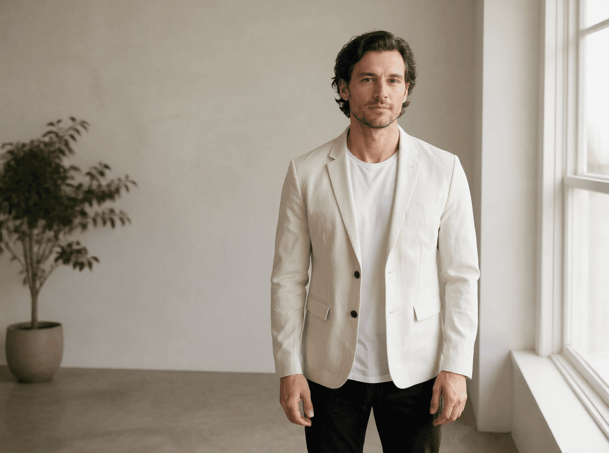 portrait subject wearing a new ivory linen jacket with Flux Kontext Max in Made