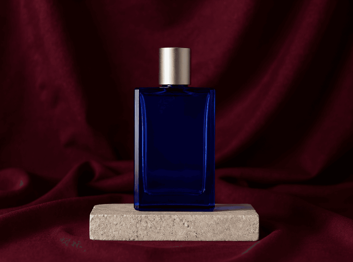 cobalt product bottle moved onto a burgundy silk background with Flux Kontext Max in Made