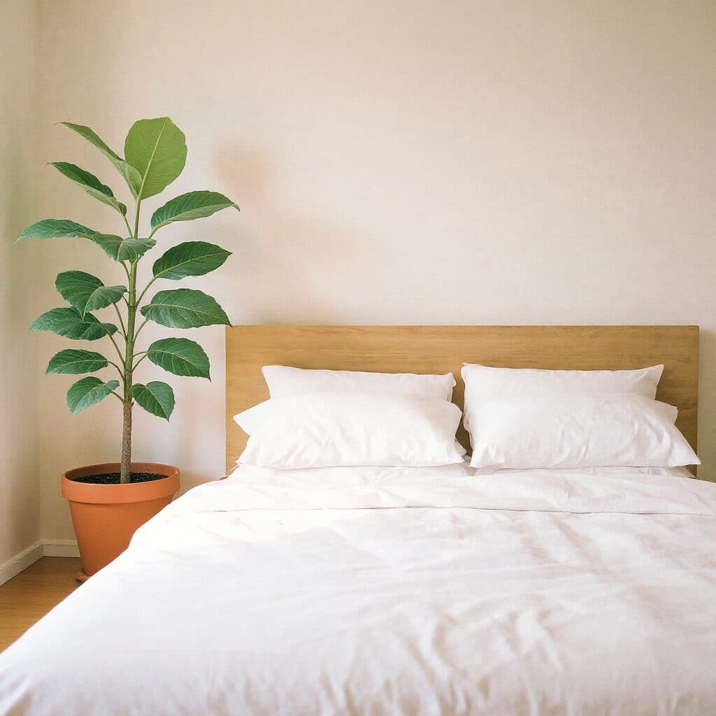 bedroom with a fiddle-leaf fig added with Flux Kontext Pro in Made