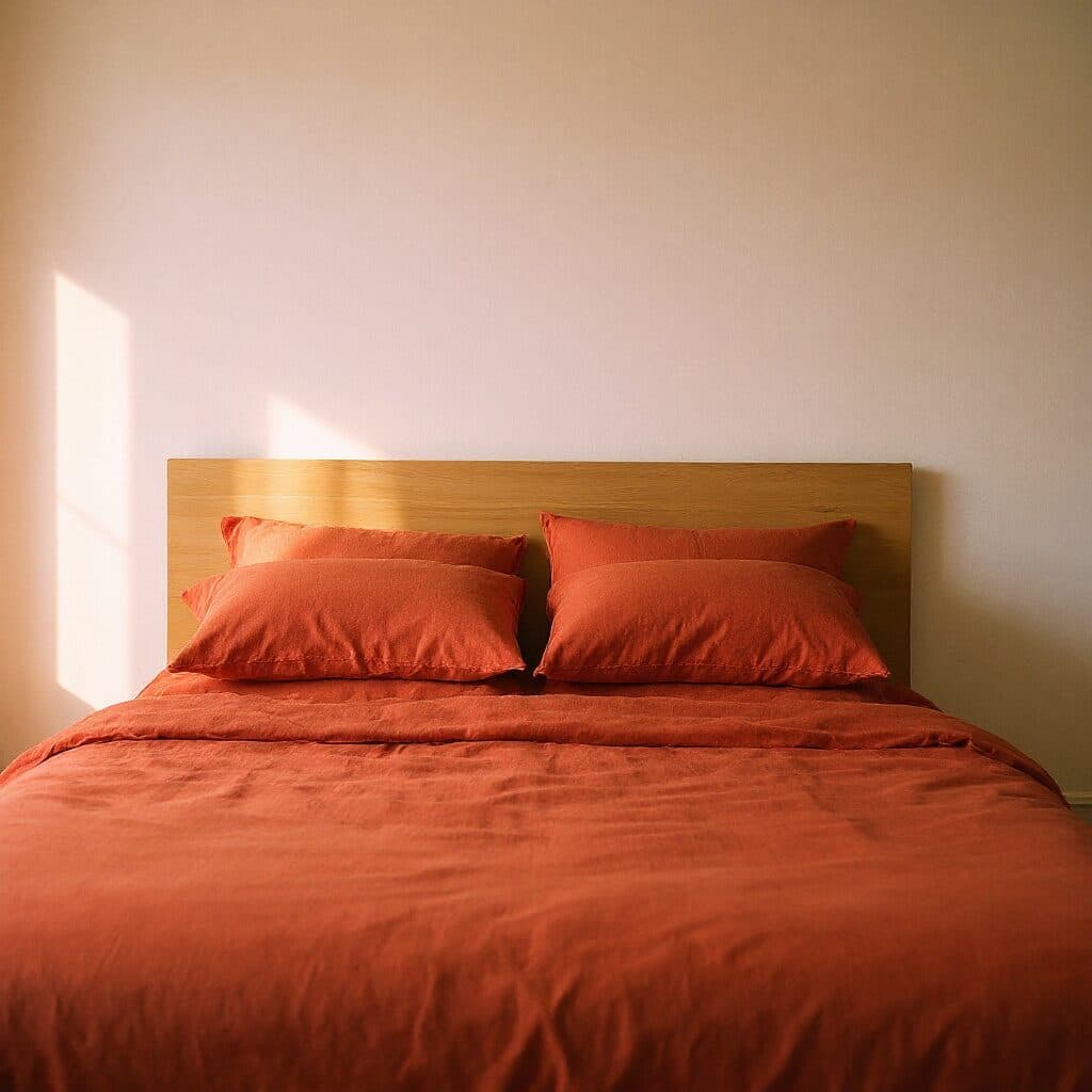 bedroom bedding changed to terracotta with Flux Kontext Pro in Made