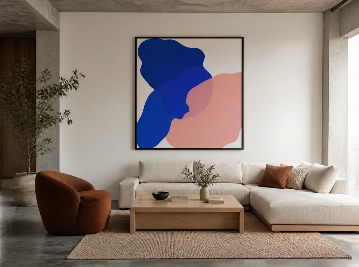living room with an abstract painting added to the wall with Flux Kontext Pro in Made