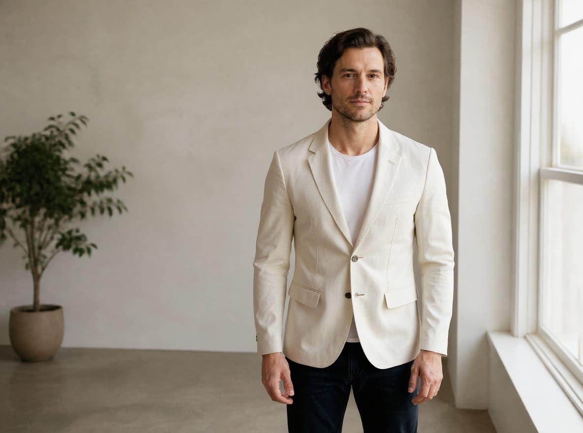 portrait subject wearing a new ivory linen jacket with Flux Kontext Pro in Made