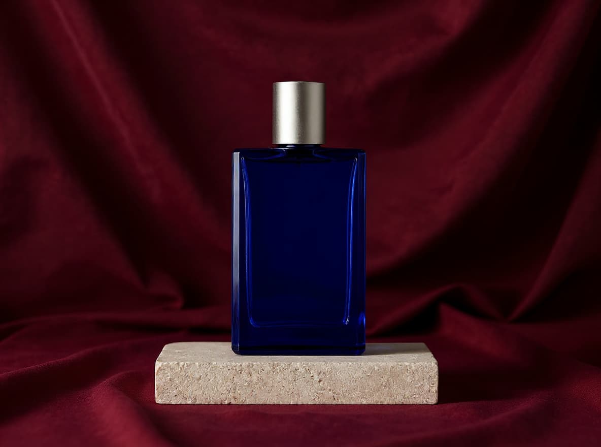 cobalt product bottle moved onto a burgundy silk background with Flux Kontext Pro in Made