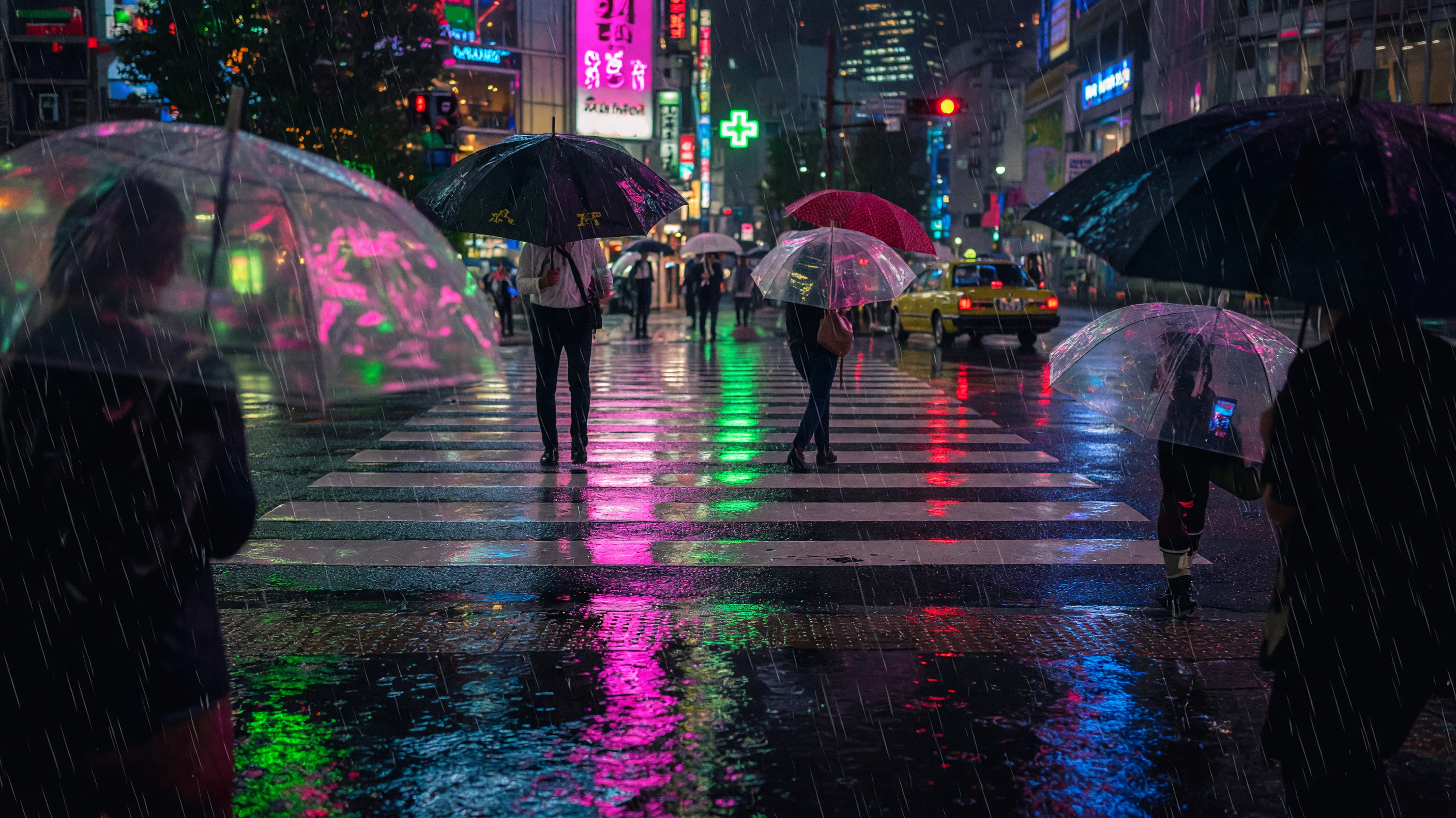 Rainy crosswalk still used as a Gemini Omni Flash scene brief