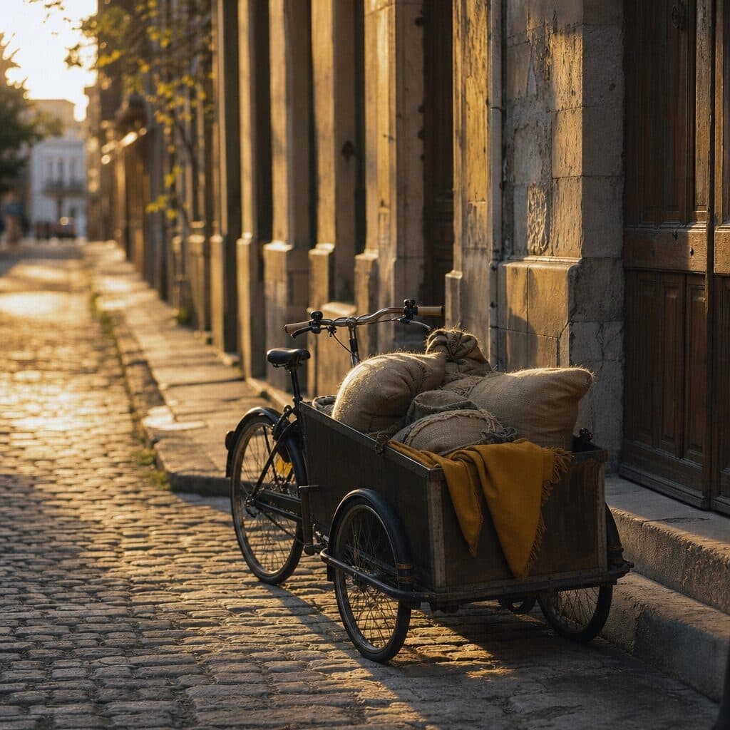 cargo bike with coffee sacks on a cobblestone street generated with GPT Image 2 in Made