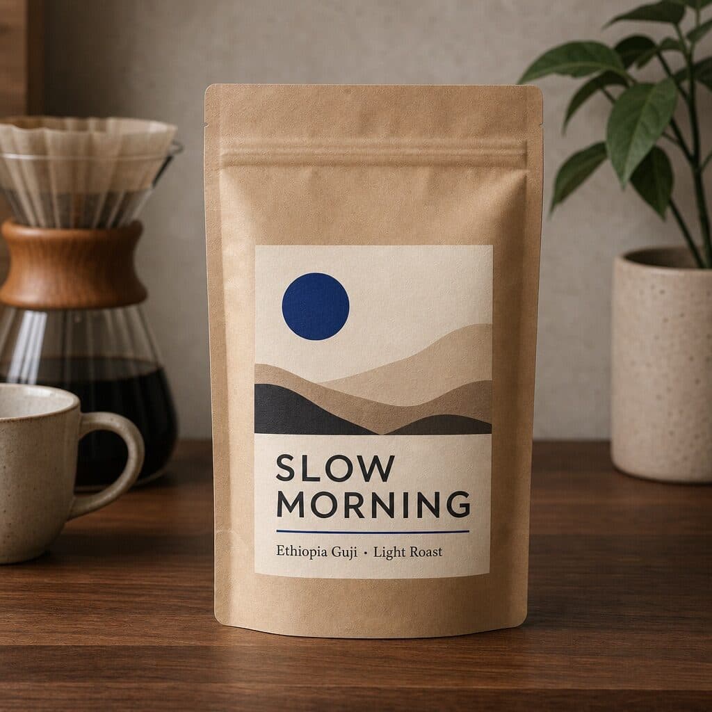 kraft coffee bag with a legible SLOW MORNING label generated with GPT Image 2 in Made