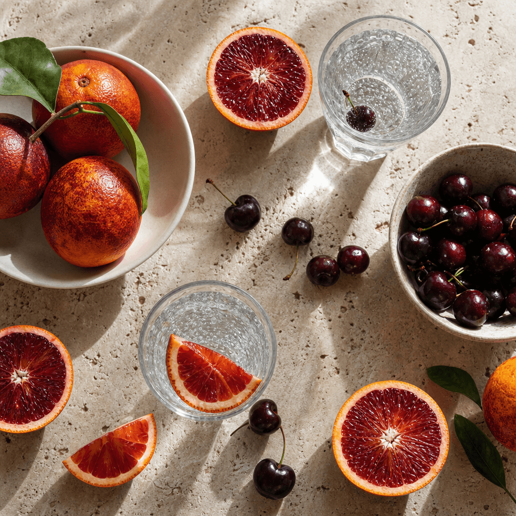 overhead blood orange and cherry still life generated with GPT Image 2 in Made
