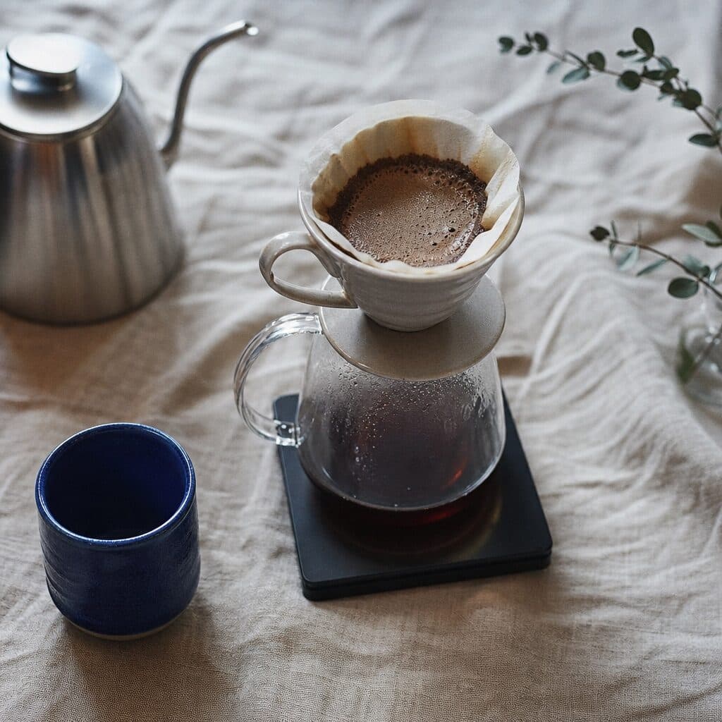 overhead pour-over coffee setup on linen generated with GPT Image 2 in Made