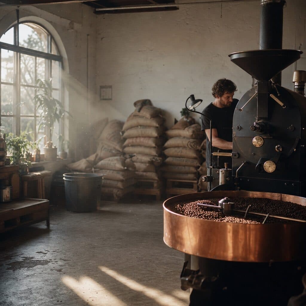 small coffee roastery interior at dawn generated with GPT Image 2 in Made