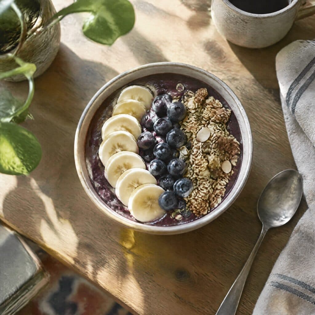 overhead acai bowl on a sunny table generated with GPT Image 2.5 Fast in Made