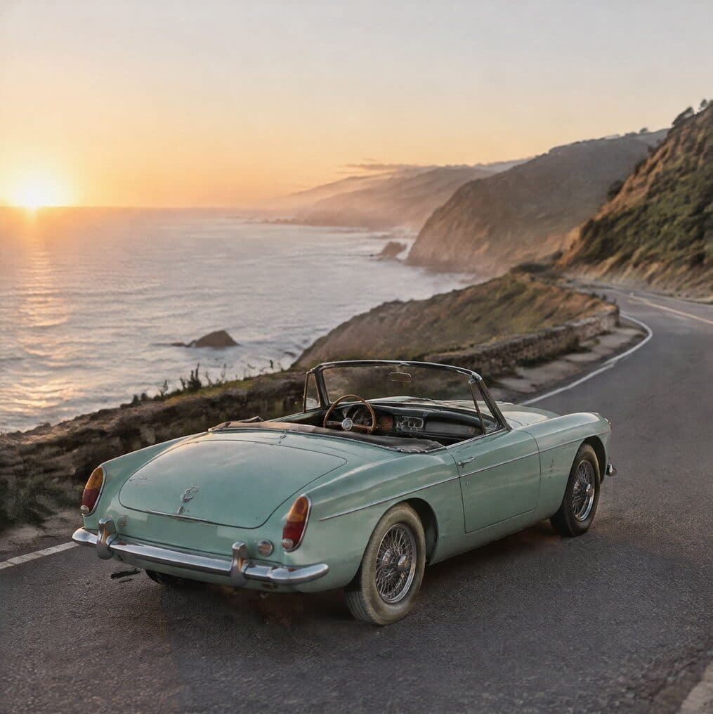 vintage convertible on a coastal road at sunrise generated with GPT Image 2.5 Fast in Made