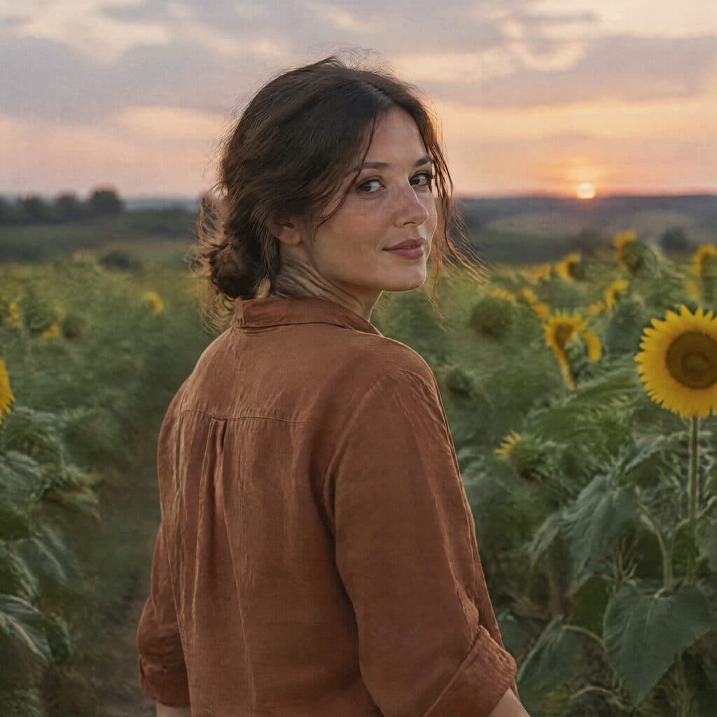 woman walking through a sunflower field at dusk generated with GPT Image 2.5 Fast in Made