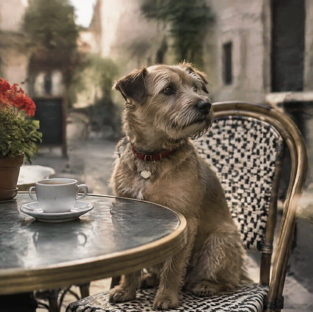terrier sitting at an outdoor café table generated with GPT Image 2.5 Fast in Made