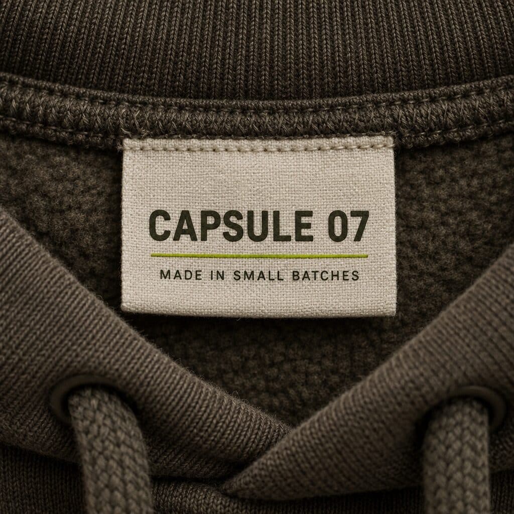 woven clothing tag reading CAPSULE 07 generated with GPT Image 2.5 Flare in Made