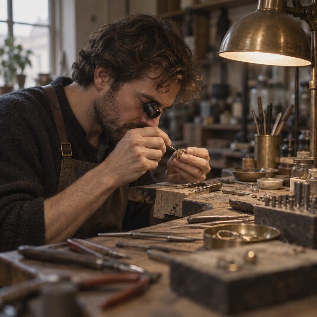 jeweler working at a bench under a lamp generated with GPT Image 2.5 Sunburst in Made