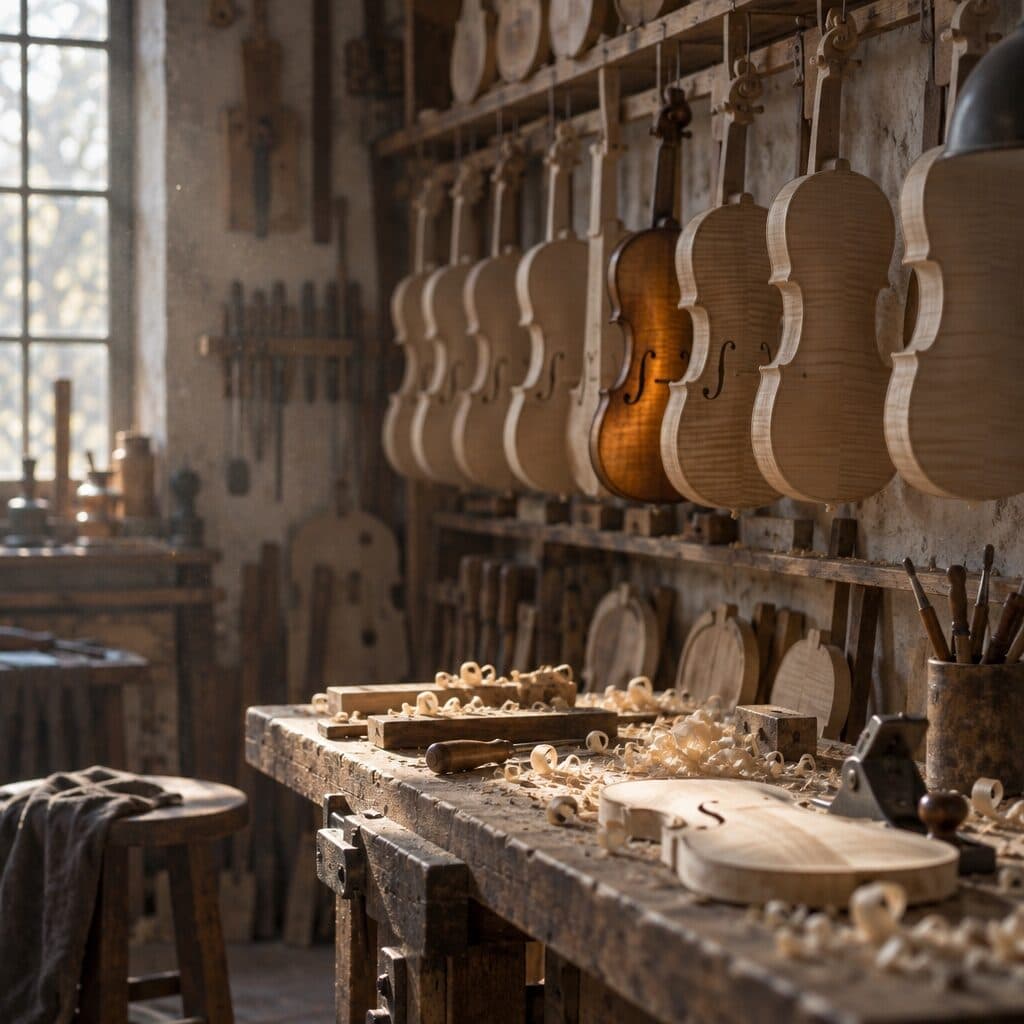 luthier workshop with hanging violin bodies generated with GPT Image 2.5 Sunburst in Made