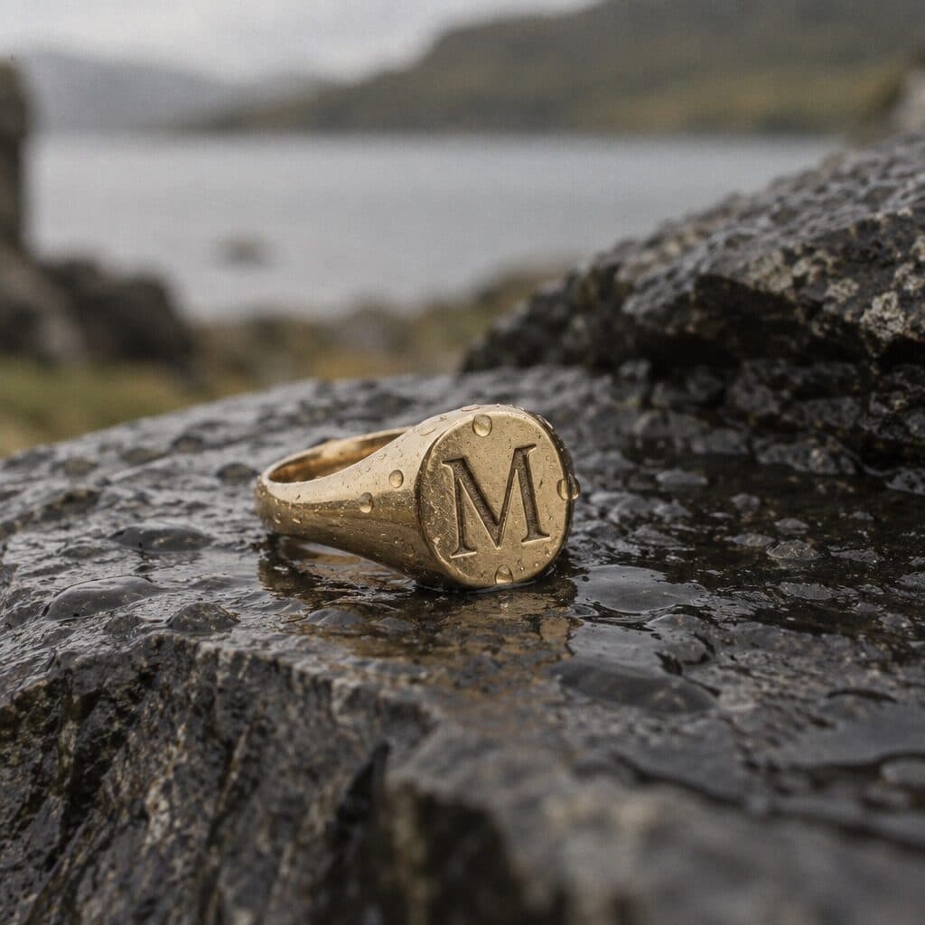 gold signet ring engraved with an M on wet slate generated with GPT Image 2.5 Sunburst in Made