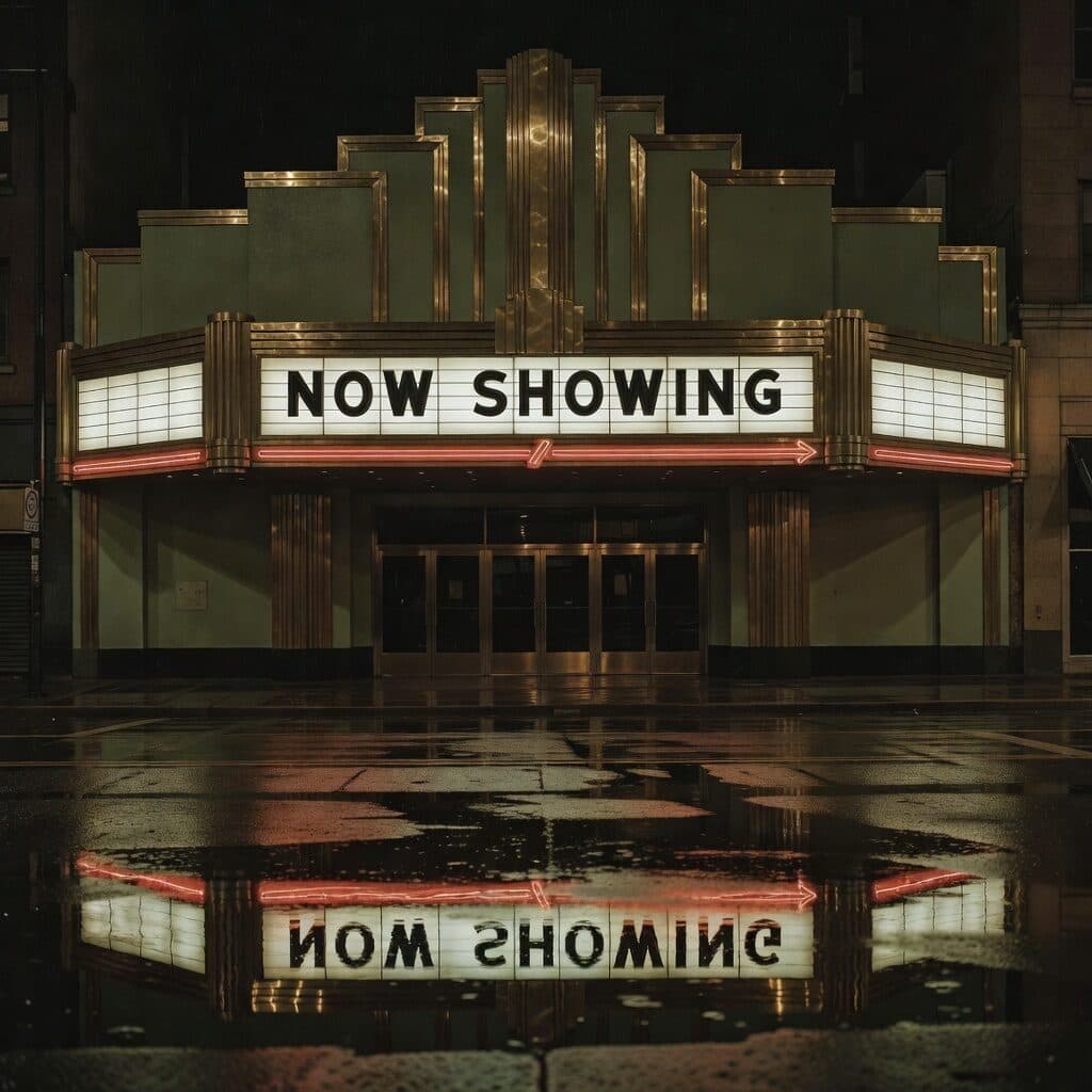 art deco cinema marquee reading NOW SHOWING generated with Grok Imagine Image in Made