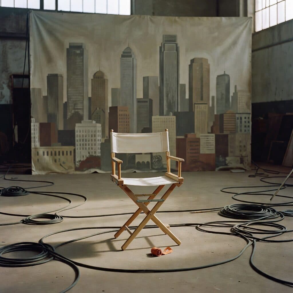 director's chair on an empty warehouse set generated with Grok Imagine Image in Made
