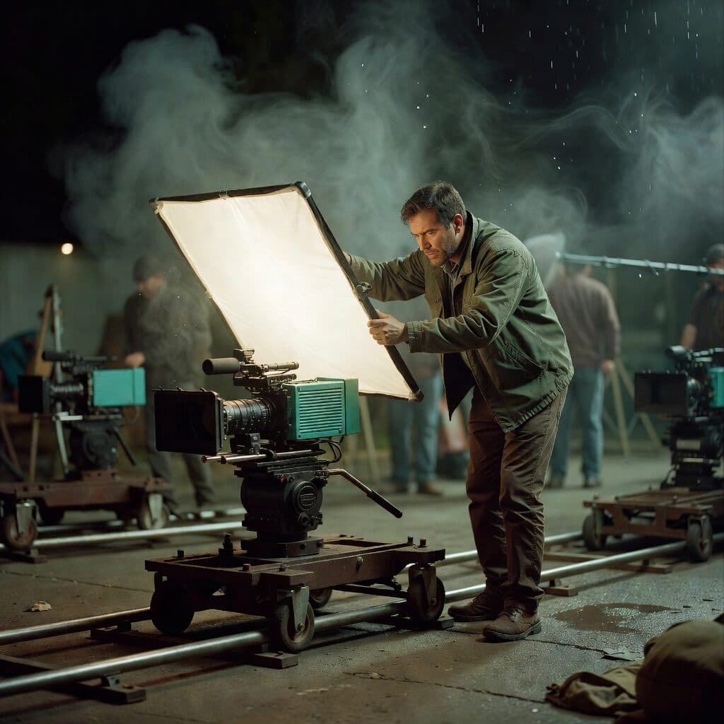 film crew on a night shoot with a camera dolly generated with Grok Imagine Image in Made