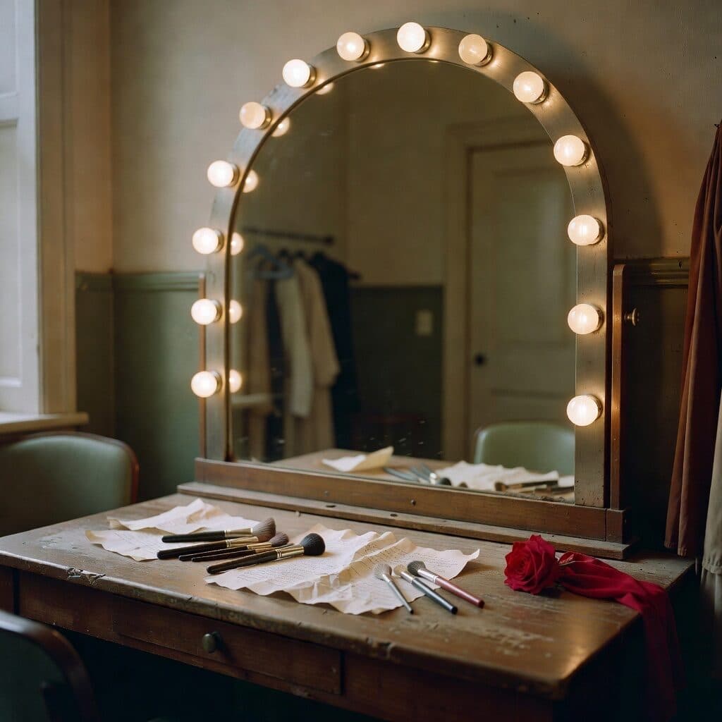 dressing room mirror ringed with bulbs generated with Grok Imagine Image in Made