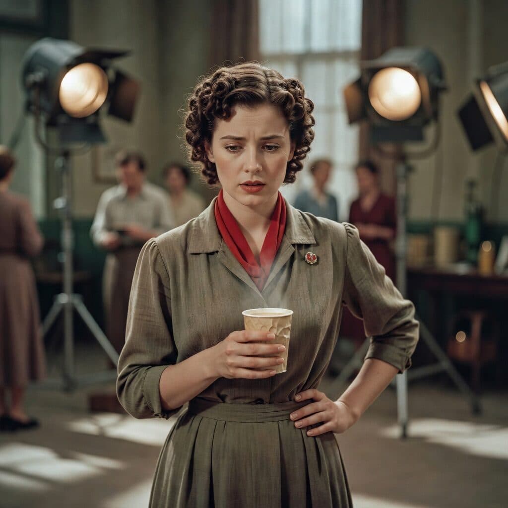 actress in 1940s costume between takes generated with Grok Imagine Image in Made