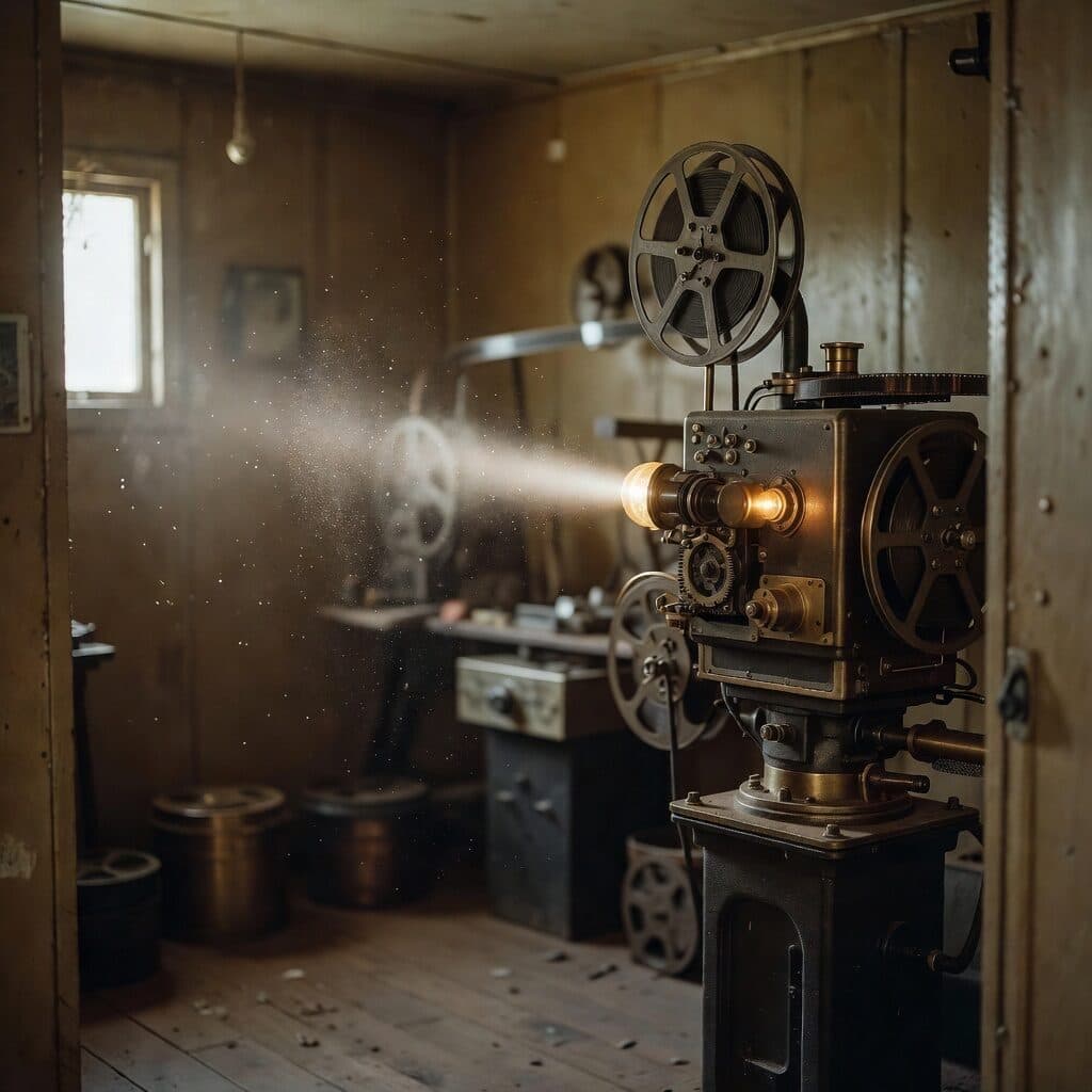 35mm projector running in a projection booth generated with Grok Imagine Image in Made