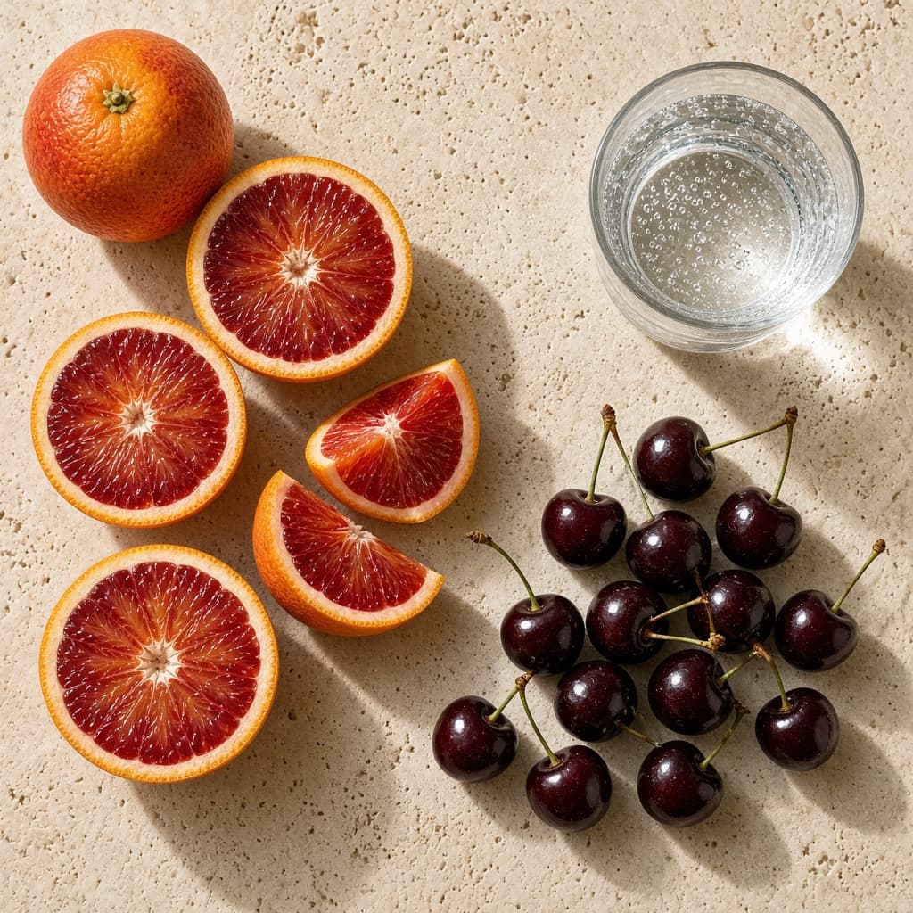 overhead blood orange and cherry still life generated with Grok Imagine Image 2.0 in Made