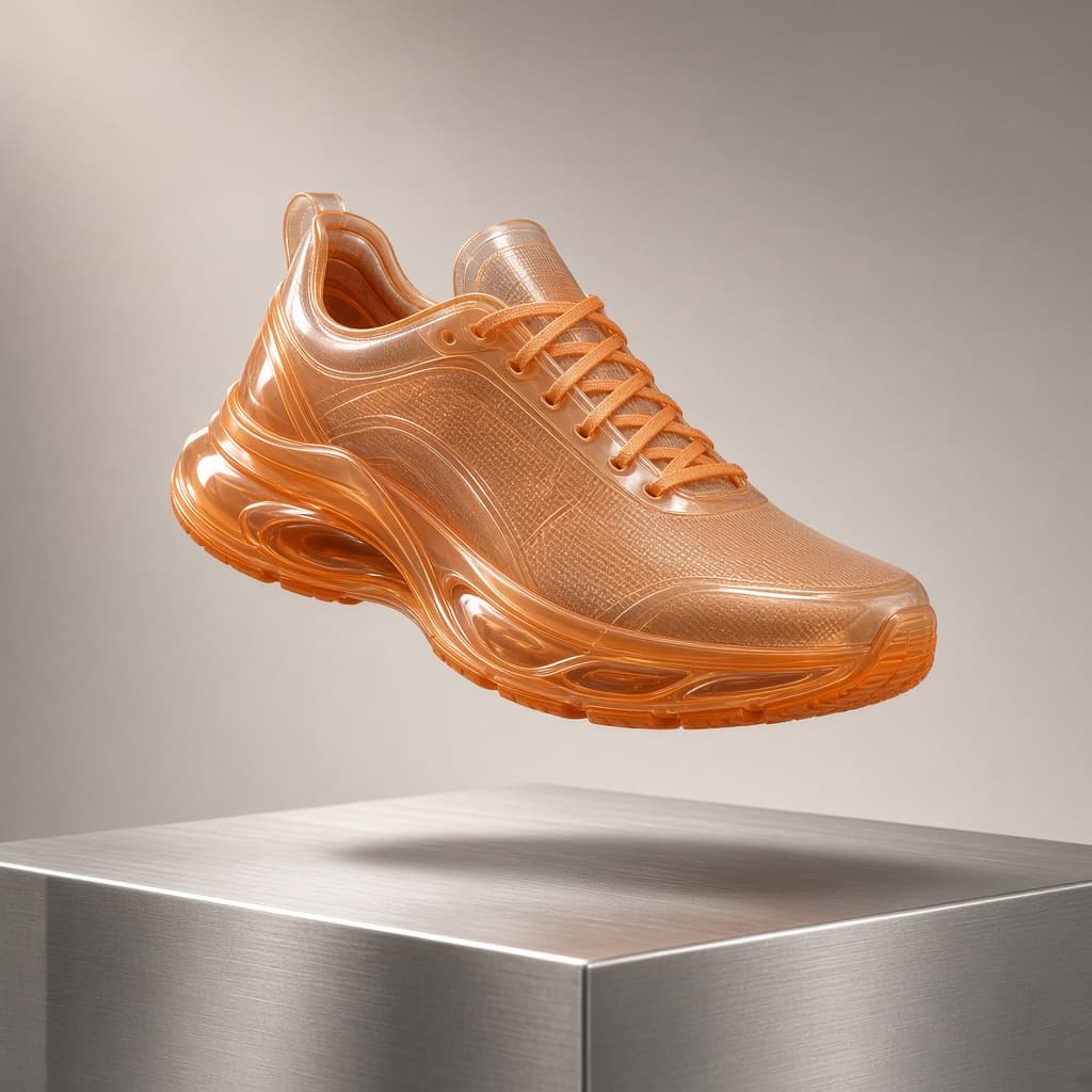 product concept with a translucent orange running shoe generated with Grok Imagine Image 2.0 in Made