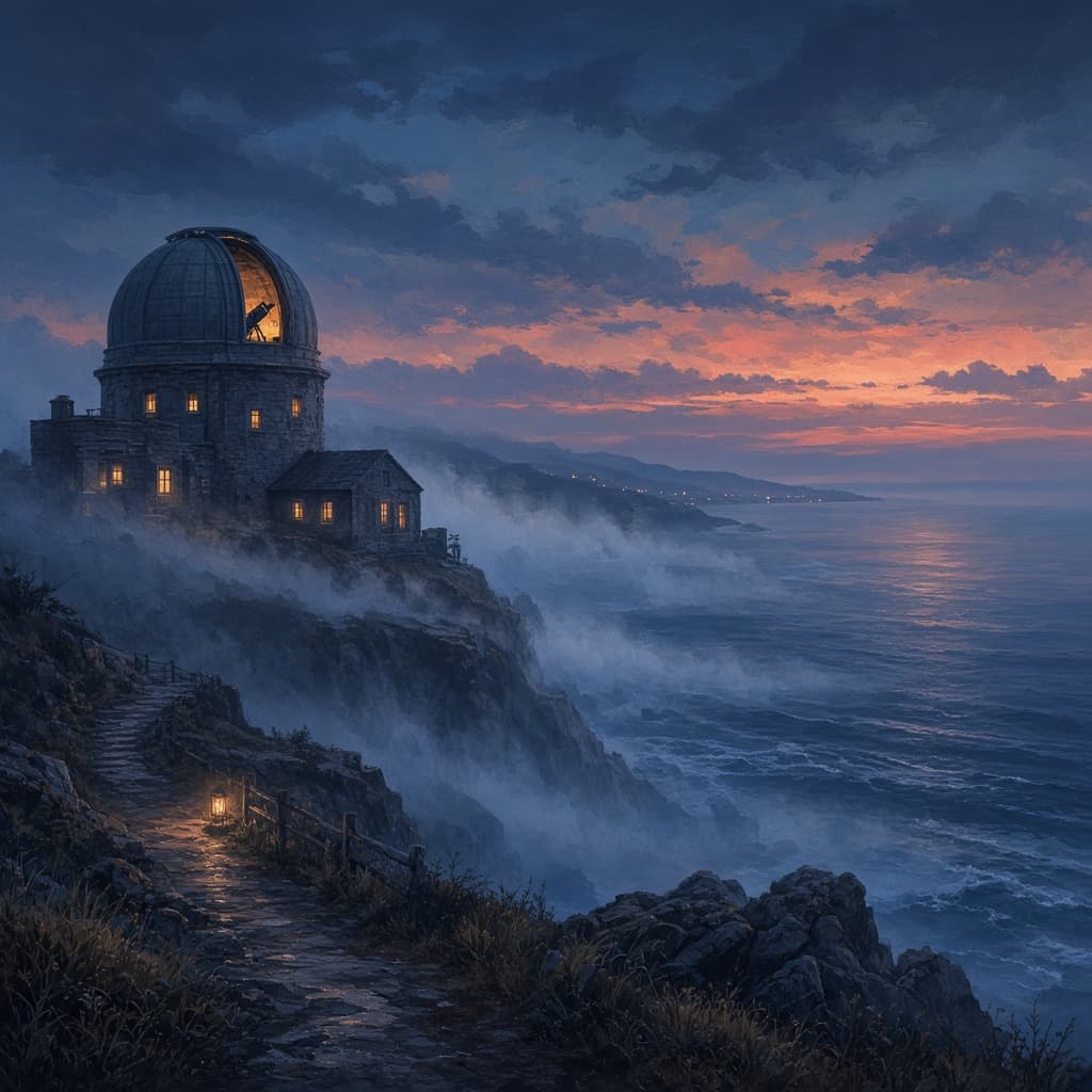 coastal observatory illustration at blue hour generated with Grok Imagine Image 2.0 in Made