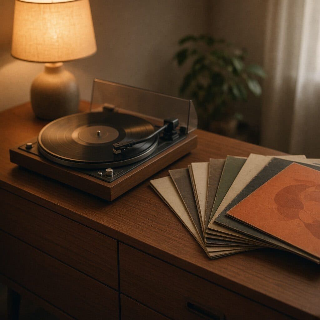 turntable and vinyl records on a sideboard generated with Grok Imagine Image 2.0 in Made