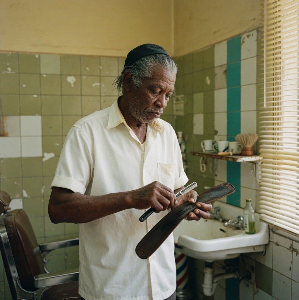 old barber stropping a razor in a tiled shop generated with Grok Imagine Image Quality in Made
