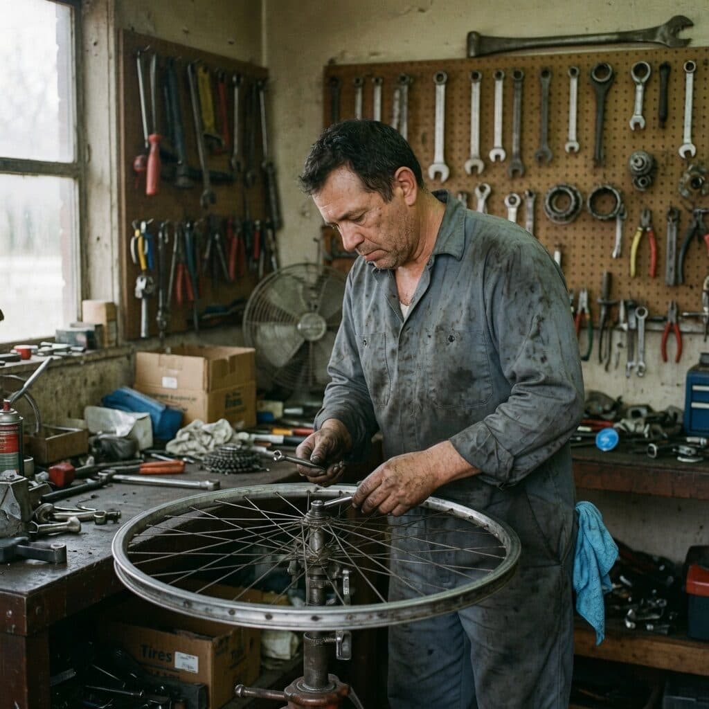 bike mechanic truing a wheel in a workshop generated with Grok Imagine Image Quality in Made