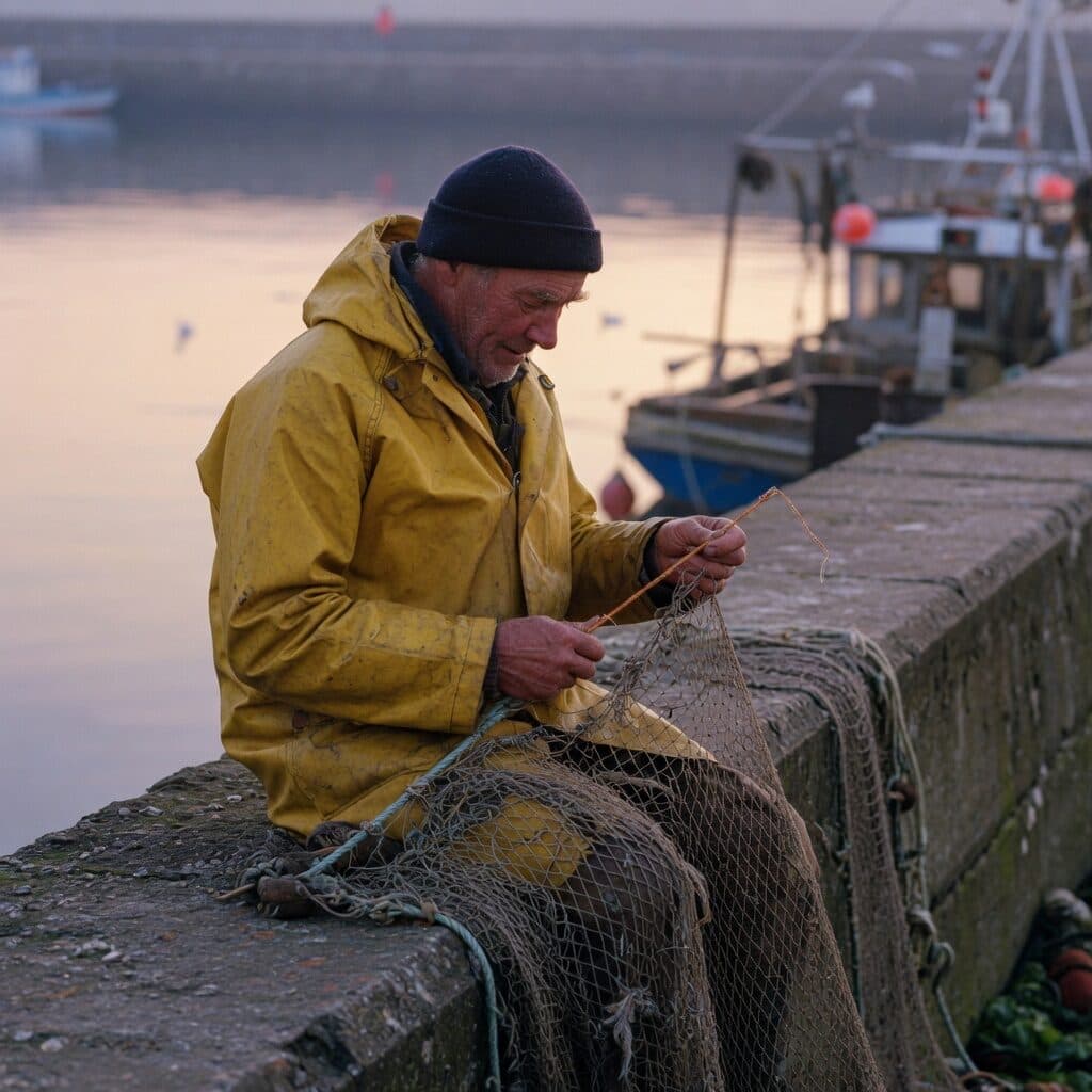 fisherman mending nets on a harbor wall generated with Grok Imagine Image Quality in Made